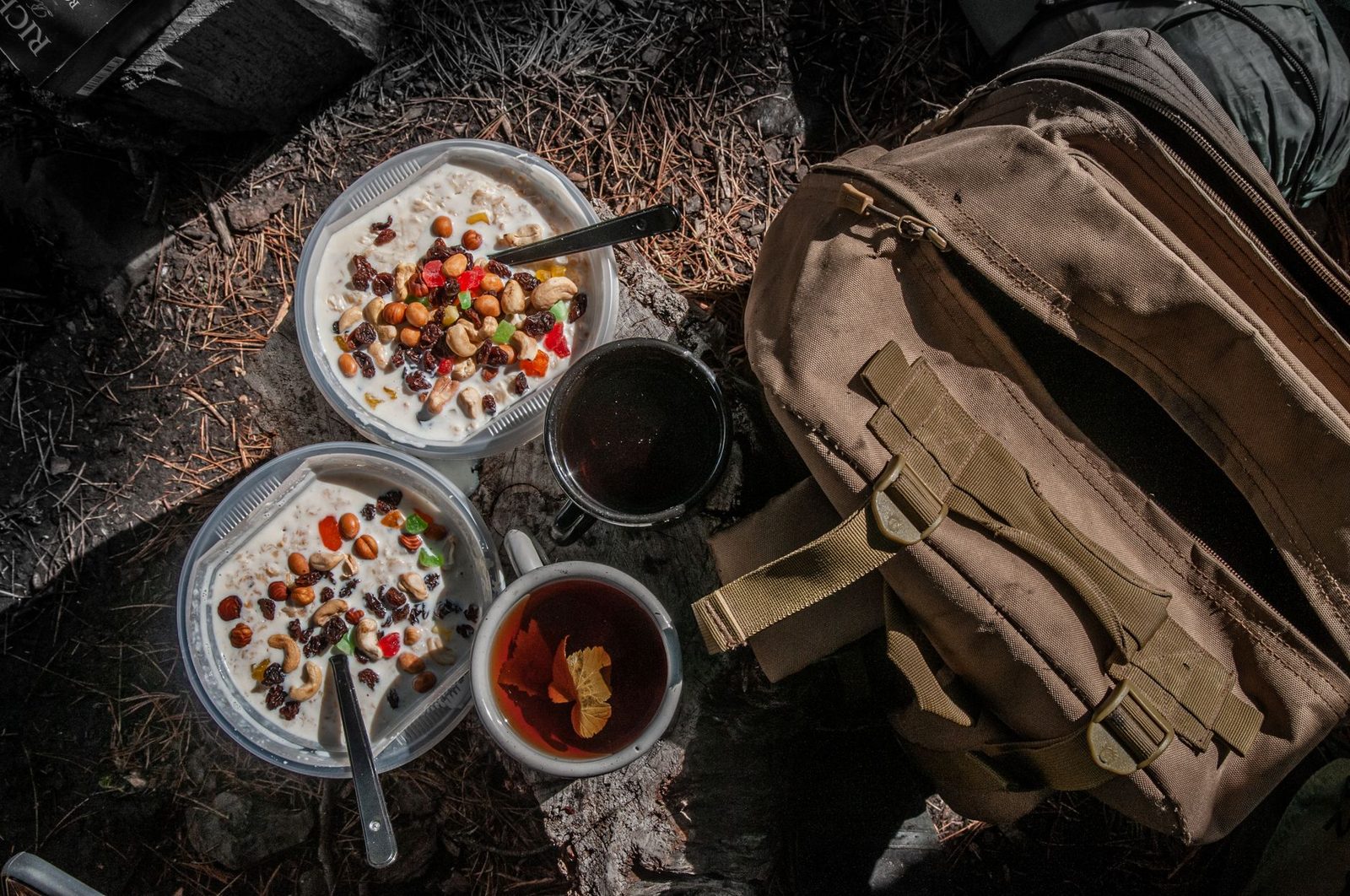 Top view of a rustic outdoor meal setup with fruit and nut bowls, tea, and backpack in a forest setting.