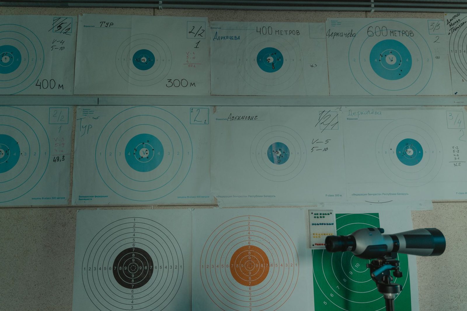 Image of a target shooting setup with a spotting scope and displayed target papers indoors.