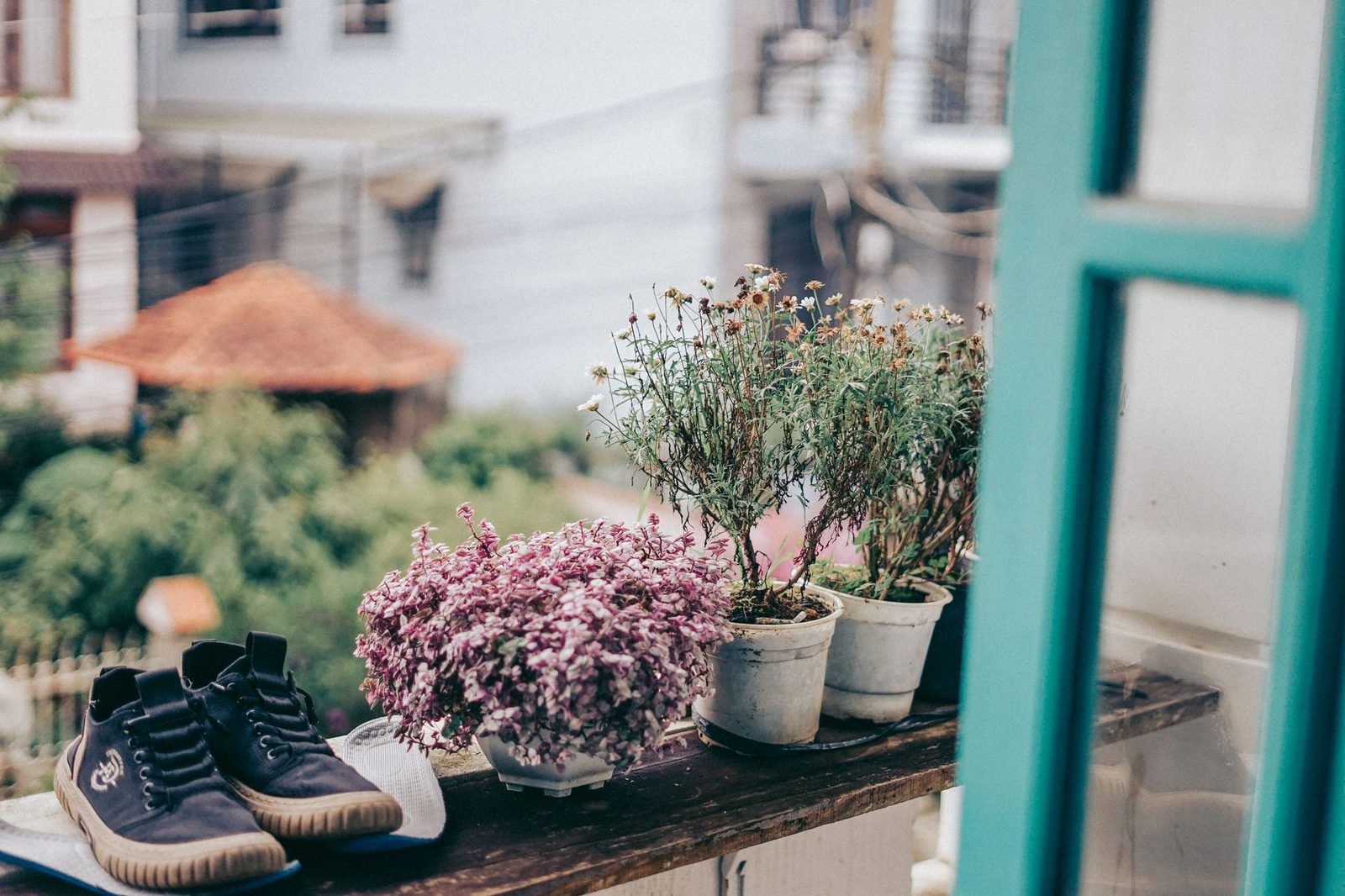 Shoes on a charming balcony with blooming flowers and city view. Perfect for lifestyle and leisure themes.