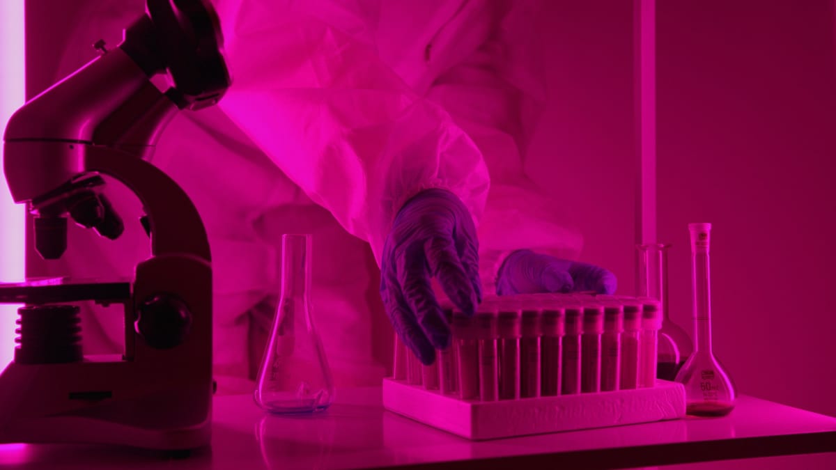 Scientist in a lab coat handling test tubes under pink lighting, using a microscope.