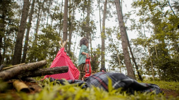 A young child explores a scenic forest campsite with a tent and lantern, surrounded by nature.