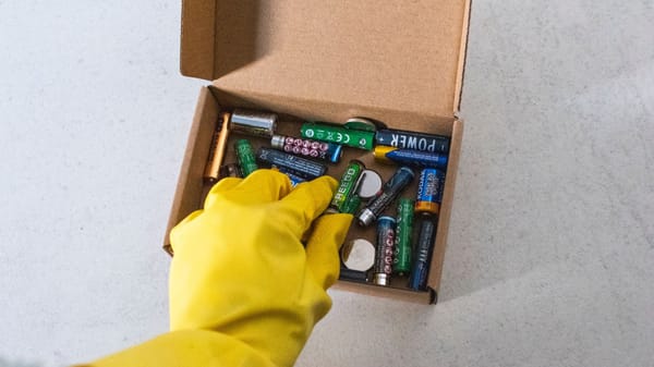 Yellow-gloved hand handling used batteries for safe recycling.