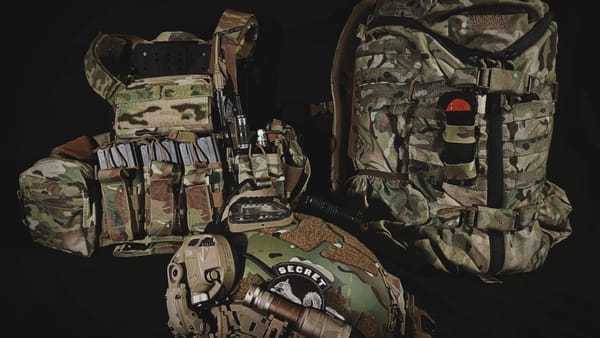 Comprehensive display of equipped tactical military gear, ready for operations.