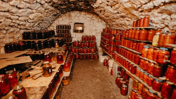A cozy stone cellar filled with neatly arranged jars of preserves.