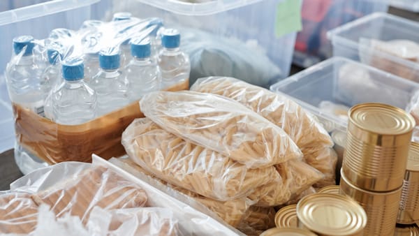 Plastic-wrapped food items and bottled water organized in storage containers and tin cans.