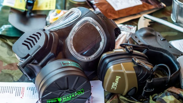 Survival gear including a gas mask and tactical headset on a camouflage background.