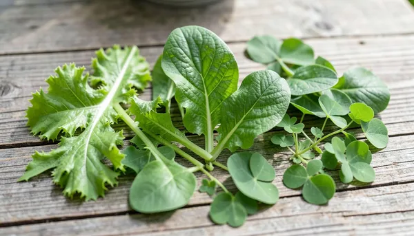 Freshly foraged wild edible greens, including wood sorrel, arranged on a weathered wooden table