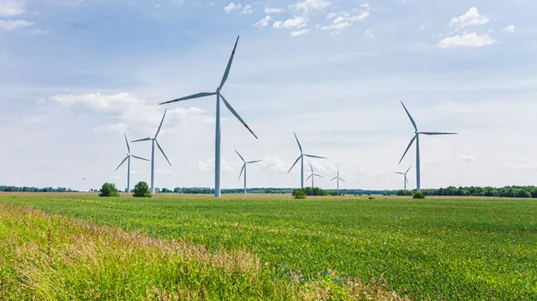 Wind turbines generating clean energy in a lush green landscape under a clear blue sky.