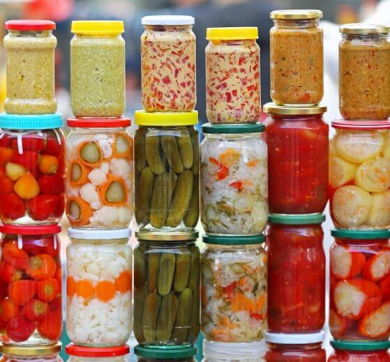 Prepper food supply of pickled vegetables in mason jars