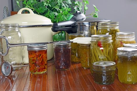 Beginning canning for preppers. Several canning jars with pressure cookers